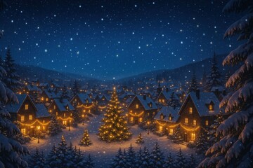 Christmas Village Illuminated at Night with Snowfall.