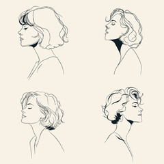 Hand drawn line art portraits of stylish women with short hair in profile view. Minimal vector illustration perfect for fashion design, beauty branding, posters, wall art or magazines