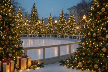 Winter Ice Skating Rink Decorated with Christmas Trees and Lights.