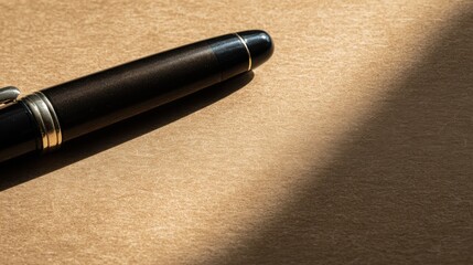 nib. Elegant fountain pen resting on a textured surface, captured from an overhead angle with warm lighting for a sophisticated look. lifestyle magazines.