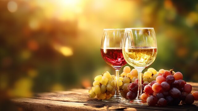 vineyard. Glasses of red and white wine with ripe grapes on a wooden table in a rustic vineyard setting. bar promotions, beverage menus, designed for food & beverage menus and cafe branding.