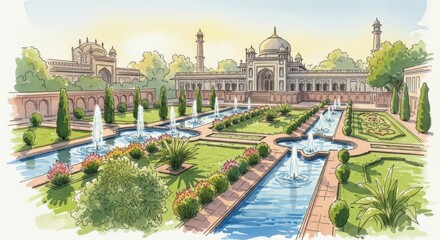 Naklejka premium Elegant Mughal Style Palace with Fountain Gardens and Lush Greenery in Bright Daylight
