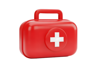 3D icon of first aid kit box with medical cross symbol on transparent background. Realistic emergency container design, ideal for healthcare graphics, hospital illustrations, medical app UI.