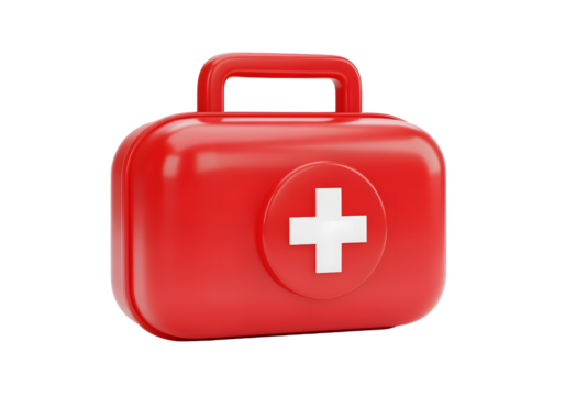 3D icon of first aid kit box with medical cross symbol on transparent background. Realistic emergency container design, ideal for healthcare graphics, hospital illustrations, medical app UI.