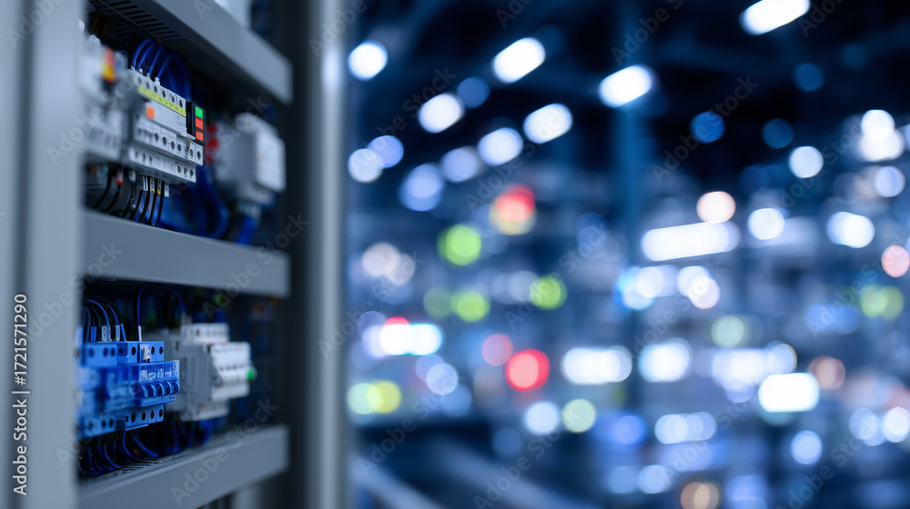 Poster high-contrast silhouette of programmable logic controllers, abstract close-up composition symbolizin
