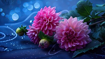 Two pink dahlias and buds rest on a dark surface, adorned with water droplets.  A blurred blue background features bokeh lights