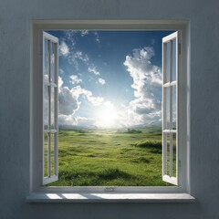 Open window reveals a sunlit green field and blue sky, white clouds, and distant hills