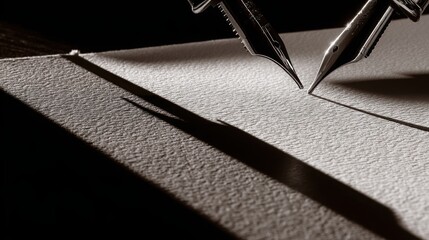 nib. Elegant fountain pen resting on a textured surface, captured from an overhead angle with warm lighting for a sophisticated look. lifestyle magazines.