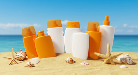Sunscreen bottles arranged with seashells on a sandy beach overlooking the ocean create a relaxing summer vibe for vacation planning and sun safety ads