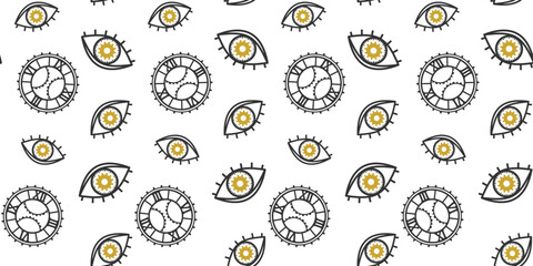 Eyes and dials with gears and cogwheels on a white background. Stylish endless texture with unusual ornament. Mechanism. Steampunk. Vector seamless pattern for wrapping paper, surface texture or print