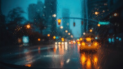 Obraz premium Rainy city street viewed through a car window, with blurred lights and reflections creating a moody, atmospheric urban scene