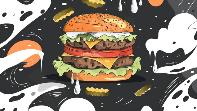 A juicy double cheeseburger with lettuce, tomato, and cheese, sits atop a bun. It's surrounded by an abstract background with swirling shapes and dripping sauces