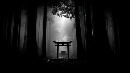 Black and white forest torii gate
