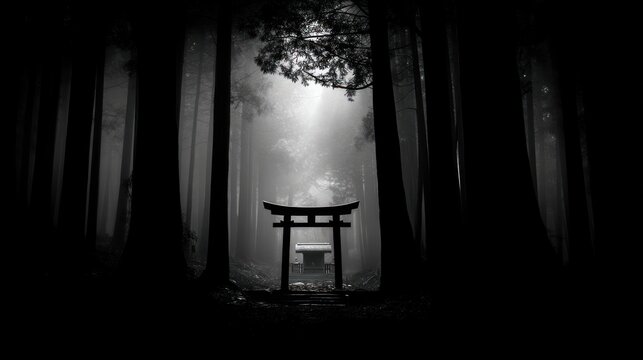 Black and white forest torii gate