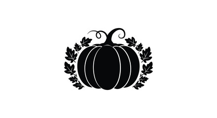 A simple black silhouette of a pumpkin surrounded by leaves