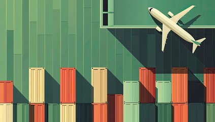 High-angle illustration of cargo containers and an airplane at an airport, depicting global trade and logistics