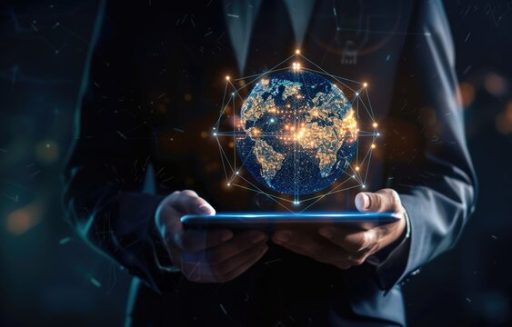 A person in a dark suit holds a tablet displaying a glowing, network-connected earth, symbolizing global connectivity and digital technology