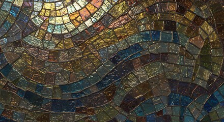 Fototapeta premium Textured Abstract Mosaic Design with Sparkling Iridescent Glass Shards Arranged in a Dynamic Wavy Pattern, Creating a Colorful and Reflective Artistic Background