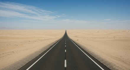 Endless desert highway stretches to horizon under vast blue sky