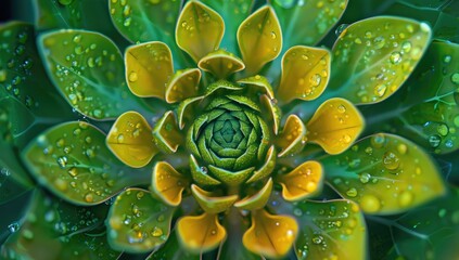 A close-up, high-angle shot reveals a succulent's intricate, spiraling rosette pattern.  Water droplets cling to its vibrant green and yellow leaves, enhancing the plant's texture and color