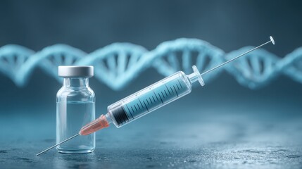Medical syringe with vaccine and vial displaying DNA background for genetic research and healthcare concepts in modern science and biology fields