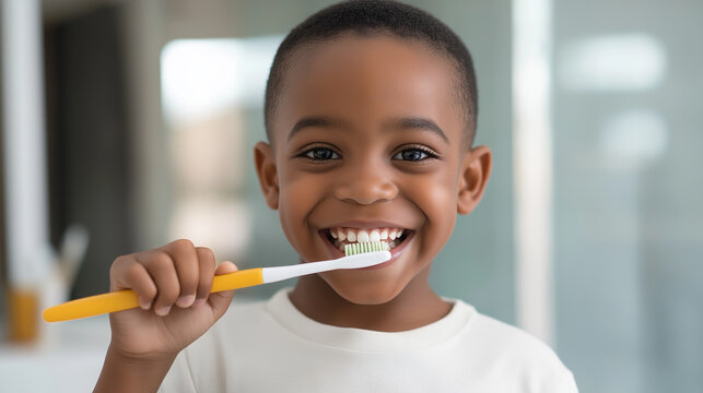 Young boy brushing teeth with toothbrush, promoting smile, hygiene, and oral care routine