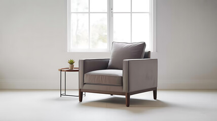 Comfortable armchair placed next to a small side table in a bright, minimalist room with large windows.