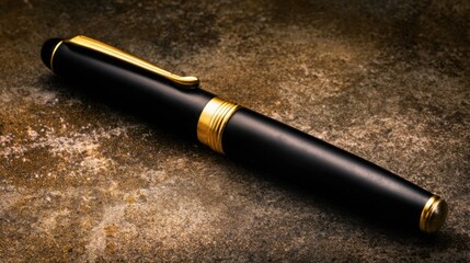 nib. Elegant fountain pen resting on a textured surface, captured from an overhead angle with warm lighting for a sophisticated look. lifestyle magazines.