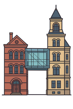 A contemporary glass skybridge links historic structures, delivering architectural ingenuity and citywide connectivity