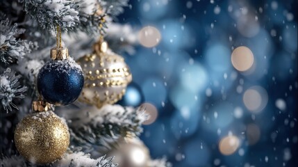 Snow-covered Christmas tree branches with blue, gold, and white ornaments against a blurred, festive background