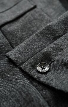 Close-up of dark grey fabric showing texture, a single button, and subtle pleats.  The material appears woven with a slight slub