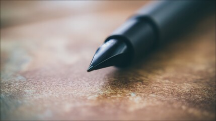 nib. Elegant fountain pen resting on a textured surface, captured from an overhead angle with warm lighting for a sophisticated look. lifestyle magazines.