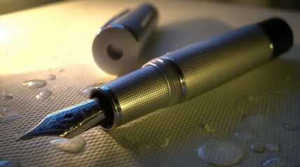 nib. Elegant fountain pen resting on a textured surface, captured from an overhead angle with warm lighting for a sophisticated look. lifestyle magazines.