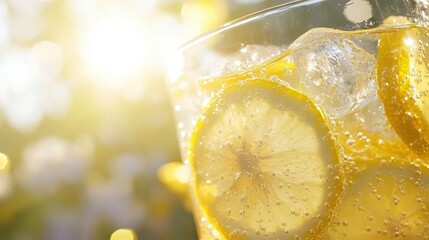 Close up of a glass filled with ice cubes and lemon slices under bright sunlight outdoors bokeh background