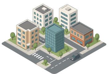 A city neighborhood depicted in isometric view, featuring contemporary buildings and a streetscape