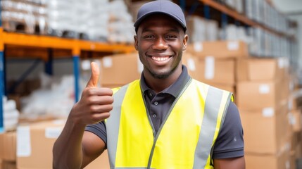 Smiling warehouse worker in a yellow safety vest gives a thumbs up in front of stacked cardboard boxes