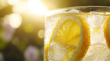 Close up of a glass of lemonade with ice and lemon slices in bright sunlight outdoors bokeh effect