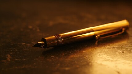 nib. Elegant fountain pen resting on a textured surface, captured from an overhead angle with warm lighting for a sophisticated look. lifestyle magazines.
