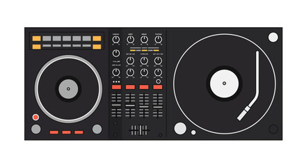 Fototapeta premium Flat Vector Illustration – DJ Mixer and Turntable Top View, Minimal Geometric Design, Bold Outlines, White Background, Icon Style