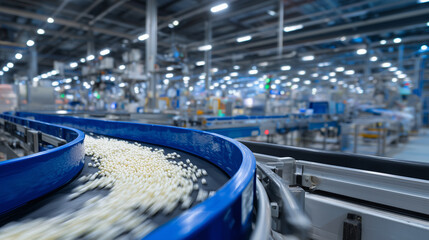 Fototapeta premium Industrial setting with polymer pellets moving along automated conveyor, robotic machinery operating in background