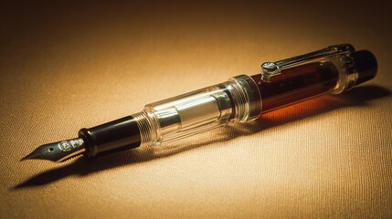 nib. Elegant fountain pen resting on a textured surface, captured from an overhead angle with warm lighting for a sophisticated look. lifestyle magazines.