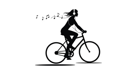 Obraz premium Silhouette of a woman riding a bicycle with musical notes flowing