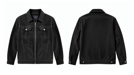 Black Corduroy Jacket with Zipper Front and Back View Isolated on White Background