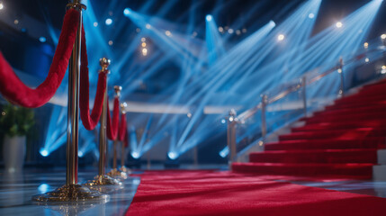Wide-angle view of a luxurious red carpet with velvet ropes and chrome barriers, moving loop spotlights casting dynamic beams, anticipation in the air