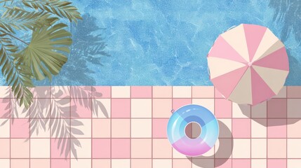 Aerial view of a pool and tiled patio, with float, parasol, and tropical plant shadows