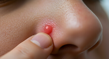Fototapeta premium Red Inflamed Pimple on Human Nose Close-up View