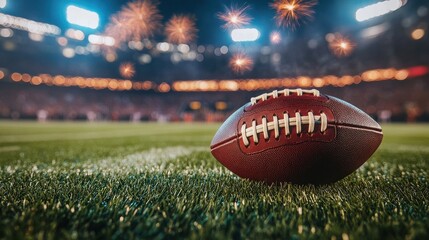Obraz premium Football on the field at night under stadium lights with fireworks in the background at a sporting event