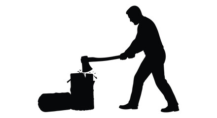 Silhouette of a man powerfully swinging an axe at a wooden log