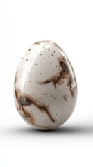 Close up of a single, speckled egg with a marble like pattern against a plain white backdrop. 
