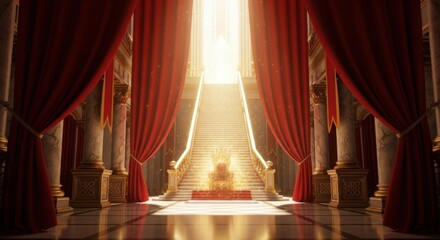 Grand Royal Throne Room with Bright Staircase and Red Velvet Curtains